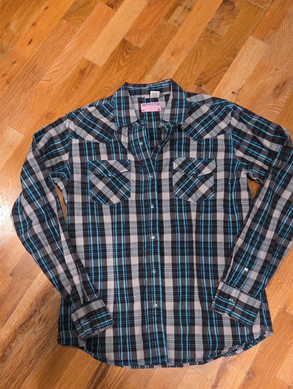 Ransom Plaid Button-Down Shirt in Black, Gray and Teal Size Large